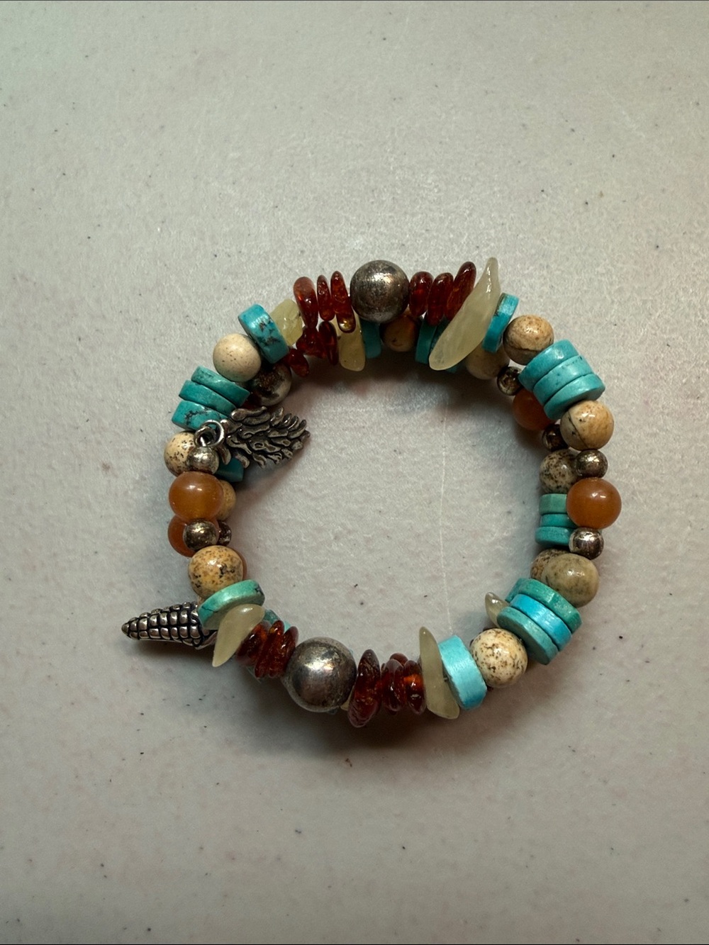 Carolyn Pollack coil Beaded Turquoise & Amber Charm Bracelet w/ sterling charms